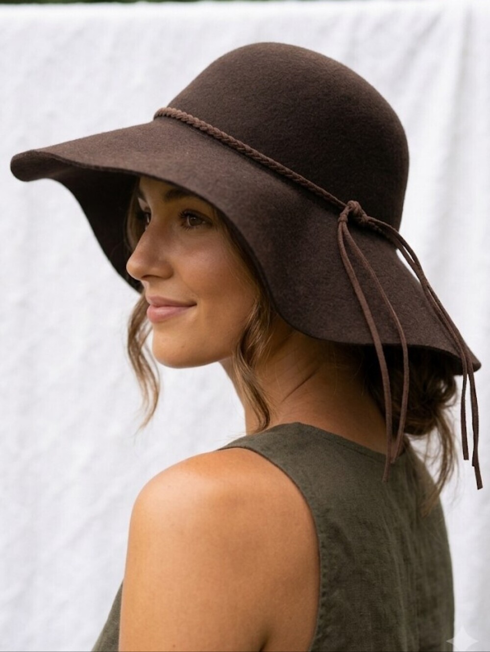 Jessica McClintock Dark Brown Wide Brim Felt Floppy Hat with Braided Tie Wool